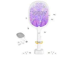 DANGZW Raquette Électrique Insectes 5000V, Raquette Anti Moustique Rechargeable 2000mAh, Tapette à Mouches Électrique 2 en 1 avec Manche Amovible, Lumière UV et Base de Chargement