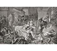 Daniel interprétant l'écriture sur le mur à Babylone à la fête de Belshazzar. L'écriture prédit la chute de Babylone. Après une œuvre de Paul Marc Joseph Chenavard. Poster imprimé par Ken Welsh (17 x