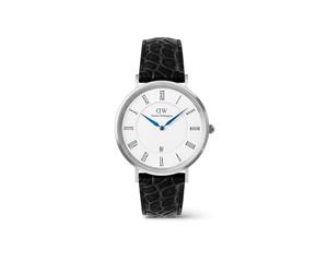 Daniel Wellington Classic 40 mm chiffres romains date crocodile noir ventre argent - Montre pour homme en acier inoxydable bracelet en cuir