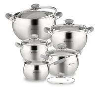 Daniks Modern Batterie de Cuisine INOX, 10 Pièces, Marmite avec Couvercles en Verre 16/18/20/24 cm, Casserole, Tous Feux Dont Induction, Échelle de Mesure, Poignées en Silicone, Argent
