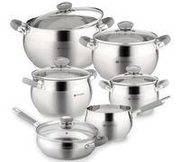 Daniks Modern Batterie de Cuisine INOX, 11 Pièces, Marmite avec Couvercles en Verre 16/18/20/24 cm, Casserole, Poêle 22 cm, Tous Feux Dont Induction, Échelle de Mesure, Poignées en Silicone, Argent