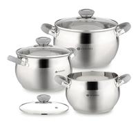 Daniks Modern Batterie de Cuisine INOX avec Couvercles en Verre, 6 Pièces, Casseroles 16/18/20 cm, Tous Feux Dont Induction, Échelle de Mesure, Poignées en Silicone, Argent