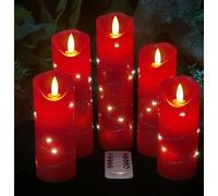 DANIP Bougie LED rouge avec guirlande lumineuse intégrée, 5 bougies LED avec télécommande à 10 touches, fonction minuterie 24 heures, flamme dansante, cire véritable, fonctionne sur piles.