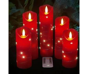 DANIP Bougie LED rouge avec guirlande lumineuse intégrée, 5 bougies LED avec télécommande à 10 touches, fonction minuterie 24 heures, flamme dansante, cire véritable, fonctionne sur piles.