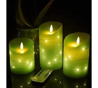 DANIP Bougie LED verte sans flamme avec guirlande Starlight intégrée, 3 bougies LED, télécommande à 10 touches, minuterie 24 heures, flamme dansante, cire véritable, alimentée par piles.
