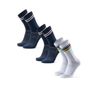 DANISH ENDURANCE Chaussettes Premium Cyclisme, Vélo sur Route et VTT, Respirantes, Homme Femme, 3 Paires Multicolore (2x Bleu Marine/Rayures, 1xBlanc/Rayures) 35-38