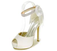 DANOBAB Chaussures de Mariage pour mariée Ivoire, Escarpins à Bout Ouvert en Satin avec Strass et Boucle, Talons Hauts d'été pour la mariée,Ivoire,37