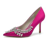 DANOBAB Chaussures de Mariée en Satin pour Femme - Escarpins de Mariée à Talon Haut, Bout Pointu, Strass, Slip-on, Talons de Boda,Rose Red,41