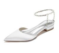 DANOBAB Chaussures de Mariée pour Femme : Escarpins à Bouts Pointus Fermés, Talons Compensés Épais avec Strass, Talon Bas, Bride de Cheville Réglable,Blanc,36