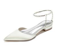DANOBAB Chaussures de Mariée pour Femme : Escarpins à Bouts Pointus Fermés, Talons Compensés Épais avec Strass, Talon Bas, Bride de Cheville Réglable,Ivoire,36