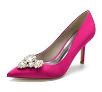 DANOBAB Chaussures de Mariée pour Femmes - Slip-on à Strass, Talon Haut Confortable, Dentelle et Satin, Talon Kitten, Sandales de Cérémonie,Rose Red,41