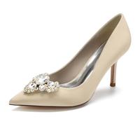 DANOBAB Chaussures de Mariée pour Femmes - Slip-on à Strass, Talon Haut Confortable, Dentelle et Satin, Talon Kitten, Sandales de Cérémonie,Champagne,39