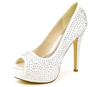 DANOBAB Femmes Mariage Peep Toe Plateforme Talons Aiguilles Cheville Sangle Satin Chaussures de mariée Pompes avec Chunky/Ivoire,Ivoire,39