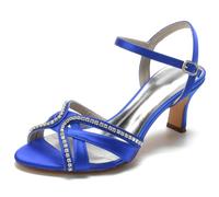DANOBAB Sandales Femme à Talon Bas à Bout Ouvert, Confortables pour Mariage Soirée-Cérémonie - Sandales à Cheville avec Boucle en Satin,Bleu,36