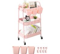 danpinera desserte à roulettes en métal avec Roues, gobelets Suspendus et Crochets, desserte Cuisine, Chariot de Rangement, Salle de Bain, Bureau, Atelier, Rose