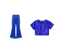 Danse Hip Hop T-Shirt et Pantalon Ensemble 2 pièces Métallique Enfant Fille Paillette Haut Manches Courtes Top Brillant Tenue Danse Modern Jazz Dancewear Costume Disco Carnaval 1-16 Ans