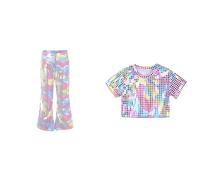 Danse Hip Hop T-Shirt et Pantalon Ensemble 2 pièces Métallique Enfant Fille Paillette Haut Manches Courtes Top Brillant Tenue Danse Modern Jazz Dancewear Costume Disco Carnaval 1-16 Ans