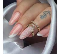 Danshinbow 24pcs français long amande cristal faux ongles nu paillettes poudre feuille d'or faux ongles strass presser les ongles femmes et les filles (Couleur rose2)