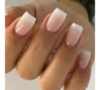 Danshinbow 24pcs français nu court carré faux ongles paillettes dégradé feuille d'érable feuille d'or faux ongles femmes et filles (Couleur rose 1)