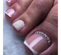 Danshinbow 24pcs French Square faux orteils clous strass paillettes faux orteils brillant orteils pointes d'ongles pour les femmes et les filles (Couleur rose3)