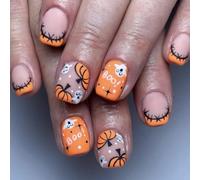 Danshinbow 24pcs Halloween clous carrés court faux clous Pumpkin Ghost Design mignon cosplay faux clous brillant et ensemble complet de clous acryliques pour femmes (Couleur orange B, 0.04 ml)