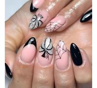 Danshinbow 24pcs Halloween presser les ongles amande faux ongles citrouille fantôme araignée Web Design mignon faux ongles brillant pour les femmes (Couleur rose B, 0.04 ml)