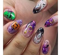 Danshinbow 24pcs Halloween presser les ongles amande faux ongles citrouille fantôme araignée Web Design mignon faux ongles brillant pour les femmes (Multicolore, 0.04 ml)