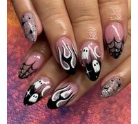 Danshinbow 24pcs Halloween presser les ongles amande faux ongles citrouille fantôme araignée Web Design mignon faux ongles brillant pour les femmes (Couleur rose C, 0.04 ml)