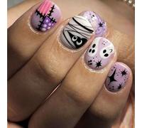 Danshinbow 24pcs Halloween pressing Nails court faux ongles Pumpkin Ghost Design mignon cosplay faux ongles brillants pour les femmes (La couleur violette, 0.04 ml)