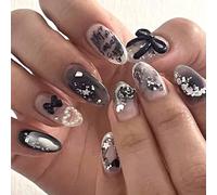 Danshinbow 24pcs Halloween sombre longue série faux ongles dégradé serpent pointe faux henné arc perles ongles femmes et filles (Noir4)