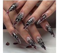 Danshinbow 24pcs Halloween sombre longue série faux ongles dégradé serpent pointe faux henné arc perles ongles femmes et filles (Noir1)