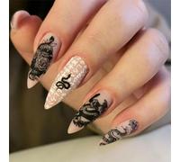 Danshinbow 24pcs Halloween sombre longue série faux ongles dégradé serpent pointe faux henné arc perles ongles femmes et filles (Noir2)