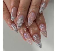 Danshinbow 24pcs long cristal d'amande faux ongles dégradé nu gouttelettes faux ongles ondulés strass presser les ongles femmes et les filles (Couleur rose)