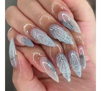 Danshinbow 24pcs long cristal d'amande faux ongles dégradé nu gouttelettes faux ongles ondulés strass presser les ongles femmes et les filles (Bleu2)