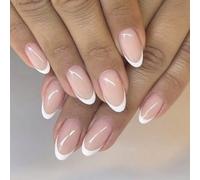 Danshinbow 24pcs ongles nus d’amande française strass ovale couverture complète paillettes roses faux ongles bâton sur les ongles pour les femmes et les filles (A)