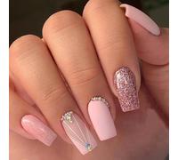 Danshinbow 24pcs Square moyen long Glitter clou dégradé paillettes faux ongles feuille d'or faux ongles (Couleur rose)