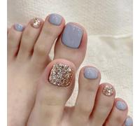 Danshinbow 24pcs Square Nude faux orteils ongles paillettes feuille d'or fleur faux orteils brillant ongles pour les femmes et les filles (Bleu)