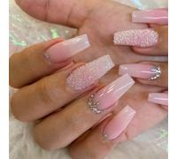 Danshinbow Faux ongles avec motif cercueil-ballerine, strass, dégradé, nude, paillettes, ongles artificiels, à presser, pour femmes et filles, 24 pièces