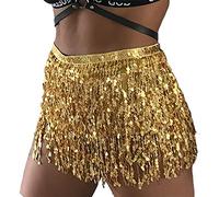 Danshinbow Halloween Sequin Costume Belly Dance Jupe Hanches avec Franges Jupe Hanches enveloppé Foulard Femmes Rave Costume (FR/ES, Tour de Taille, 32, Taille Normale, Taille Normale, Or)