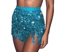 Danshinbow Halloween Sequin Costume Belly Dance Jupe Hanches avec Franges Jupe Hanches enveloppé Foulard Femmes Rave Costume (FR/ES, Tour de Taille, 32, Taille Normale, Taille Normale, Bleu du lac)
