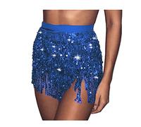 Danshinbow Halloween Sequin Costume Belly Dance Jupe Hanches avec Franges Jupe Hanches enveloppé Foulard Femmes Rave Costume (FR/ES, Tour de Taille, 32, Taille Normale, Taille Normale, Bleu Royal)