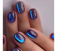 Danshinbow Lot de 24 faux ongles carrés courts avec strass dégradés rose nude à paillettes pour femmes et filles (bleu)