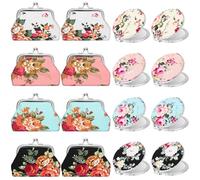 Dansydaisy Lot de 16 porte-monnaie vintage en vrac, 8 porte-monnaie en toile avec boucle florale, 8 miroirs compacts pour sac à main pour femme, anniversaire, fête de Noël, multicolore, Durabilité :