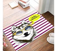 danxceh Tapis de Bain Absorbant Antidérapant Tapis Salle de Bain Lavable en Machine Tapis de Douche en Microfibre Douce,Malamute d'Alaska, Rayures Violettes avec des Lunettes Husky Sketch Y,40x60cm