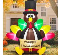 Danxilu Décorations de Thanksgiving de 1,8 m, dinde gonflable à DEL avec chapeau de pèlerin et grande queue colorée pour décoration d'automne, cour, jardin, fête