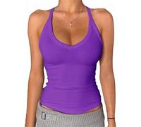 Danysu Débardeur Femme à Col en V avec Dos Nageur Rembourré, Long, Ajusté, Cami Tops Côtelés Basiques, violet, XS