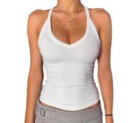 Danysu Débardeur long côtelé à col en V et dos nageur pour femme avec soutien-gorge intégré, débardeur long ajusté basique blanc, taille S, blanc, S