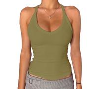 Danysu Débardeur pour femme - Col en V - Dos nageur - Rembourré - Côtelé - Long - Cintré - Basique, Green Army, XS