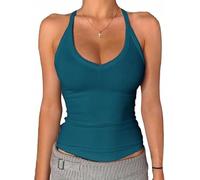 Danysu Débardeur pour femme - Col en V - Dos nageur - Rembourré - Côtelé - Long - Cintré - Basique, Profondeur océanique, S