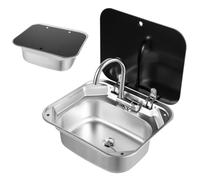 DAOHHFO Évier de camping avec robinet d'eau chaude et froide, évier de camping-car, évier à main en acier inoxydable avec couvercle, lavabo de caravane pour camping-car, 42,3 x 37,3 x 15 cm